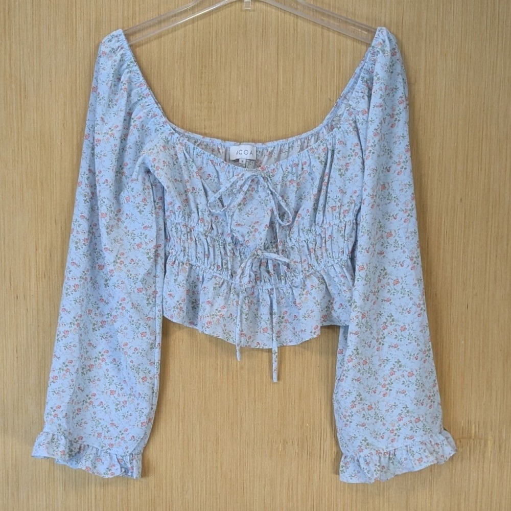 Cottage Coquette Feminine Floral Dainty Crop Top Size S Blue Smocked Ruffle Hem